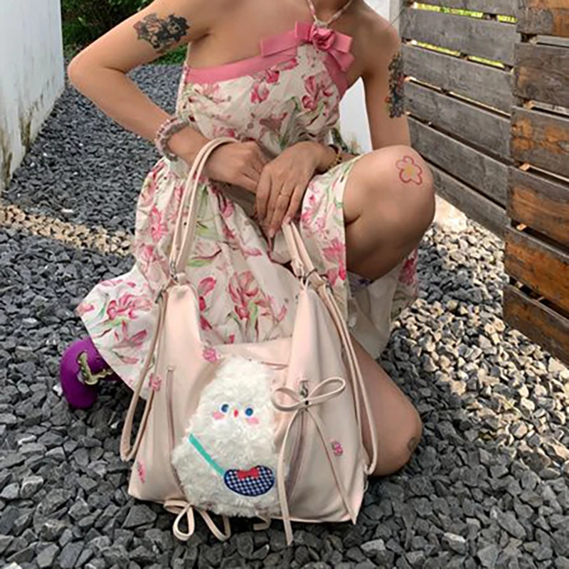 HAEX-PU Bolsas de ombro para mulheres, apliques de coelho dos desenhos animados, mochilas estéticas Harajuku, trajeto diário, Y2K, meninas, 2024