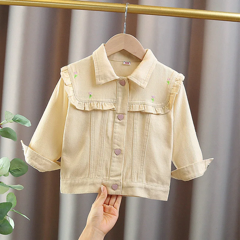 

2025 Spring Fall Versatile Jean Jackets Kids Girls Pink Denim Coat Turn Down Collar Full Sleeve Single Breasted Outerwear