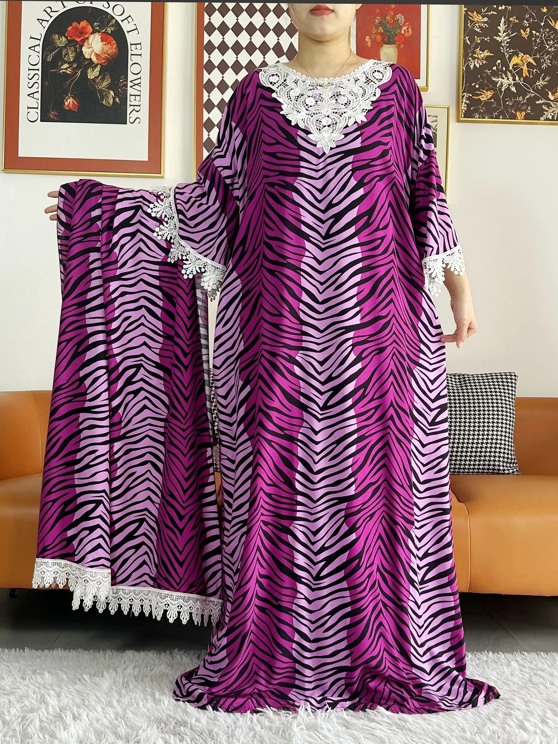 2024 Newest African Lady\'s Party Dress Lace Scarf Cotton Printed Loose Floral Boubou Maxi Islam Women Short Sleeve Abaya