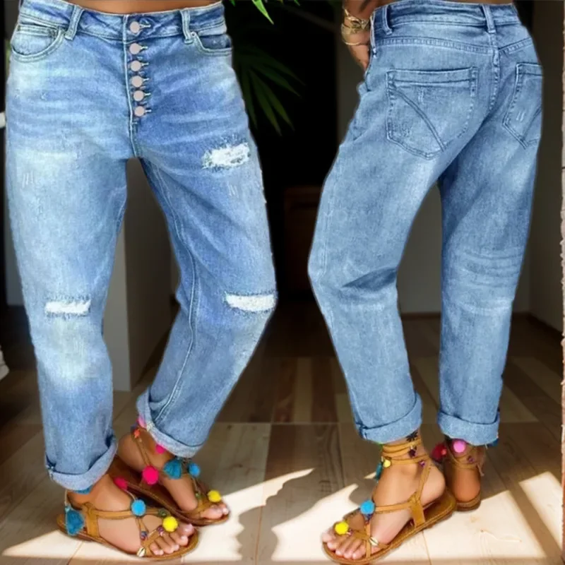 

Ripped Jeans for Women Hole High Waist Mom Jeans Flare Pant Denim Autumn 2024 Casual Long Streetwear Trousers Capris Baggy Jeans