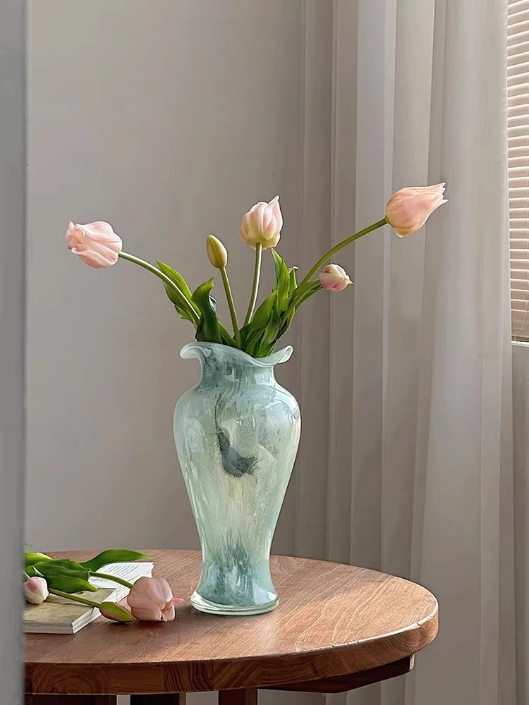 Vase transparent glass retro lace flower arrangement vase ornament living room decoration