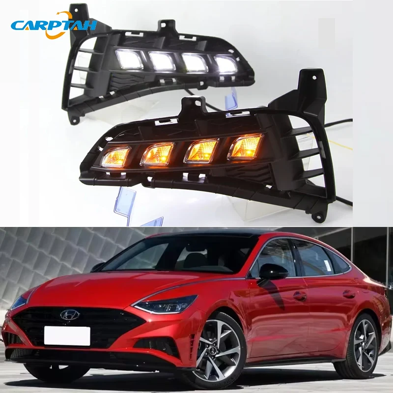 Car DRL LED 12V Daytime Running Lamps For Hyundai Sonata 10 2021 2022 Auto Daylights Yellow Turn Signal12V Car Foglamp