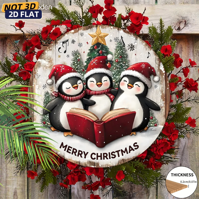 1pc 2D Flat Pure Plane Decorative Wooden Plaque, Non-3D Wooden Ornament, Featuring Penguins Reading And Singing, Designed As a R
