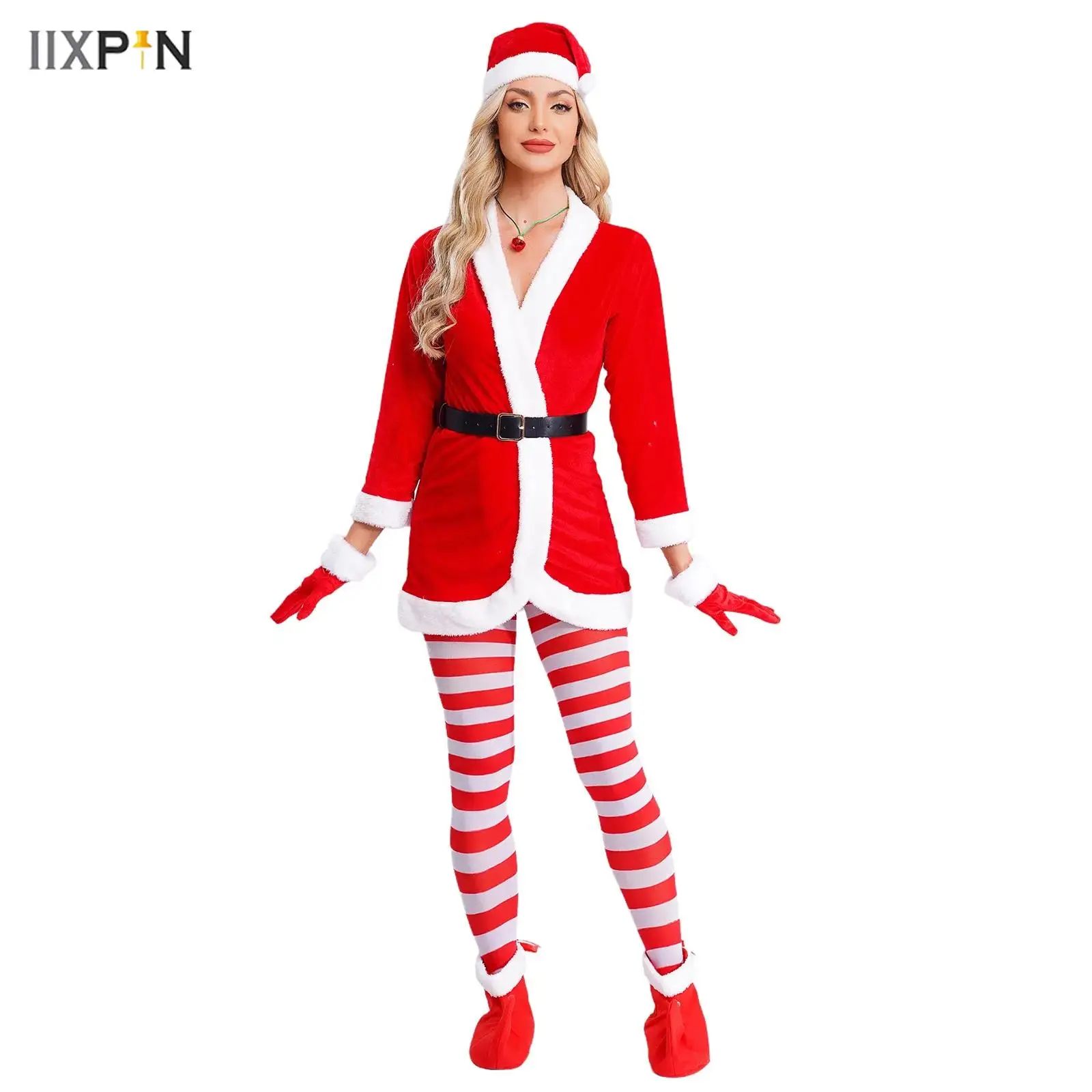 ملابس نسائية السيدة سانتا كلوز فستان بقلنسوة + حزام خصر + جوارب مخططة + قبعة + أحذية 5 قطع فستان حفلات عيد الميلاد وعيد الميلاد