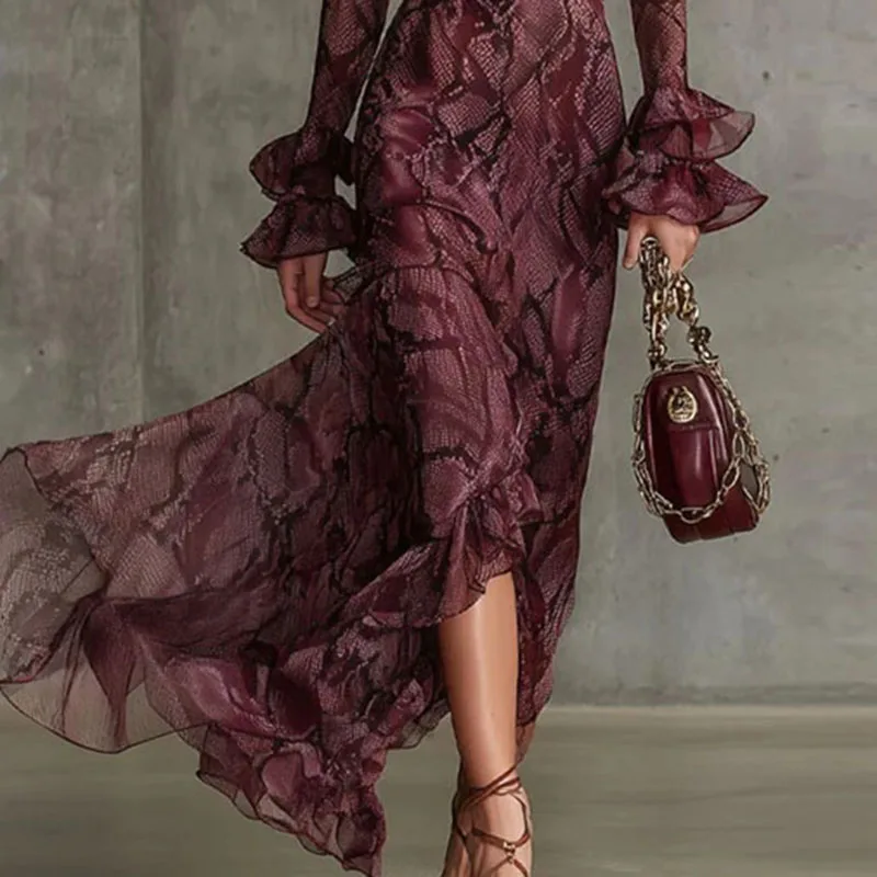 Retro Snake Print Abend Party Kleider Frau Elegante Frühling Tiefem V-ausschnitt Rüschen Langes Kleid Herbst Ausgestellte Ärmel Boho Maxi Kleid