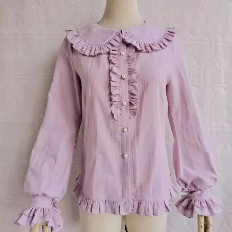 Ruffled Lolita Blouse Long Sleeve Peter Pan Collar Shirt by Yilia