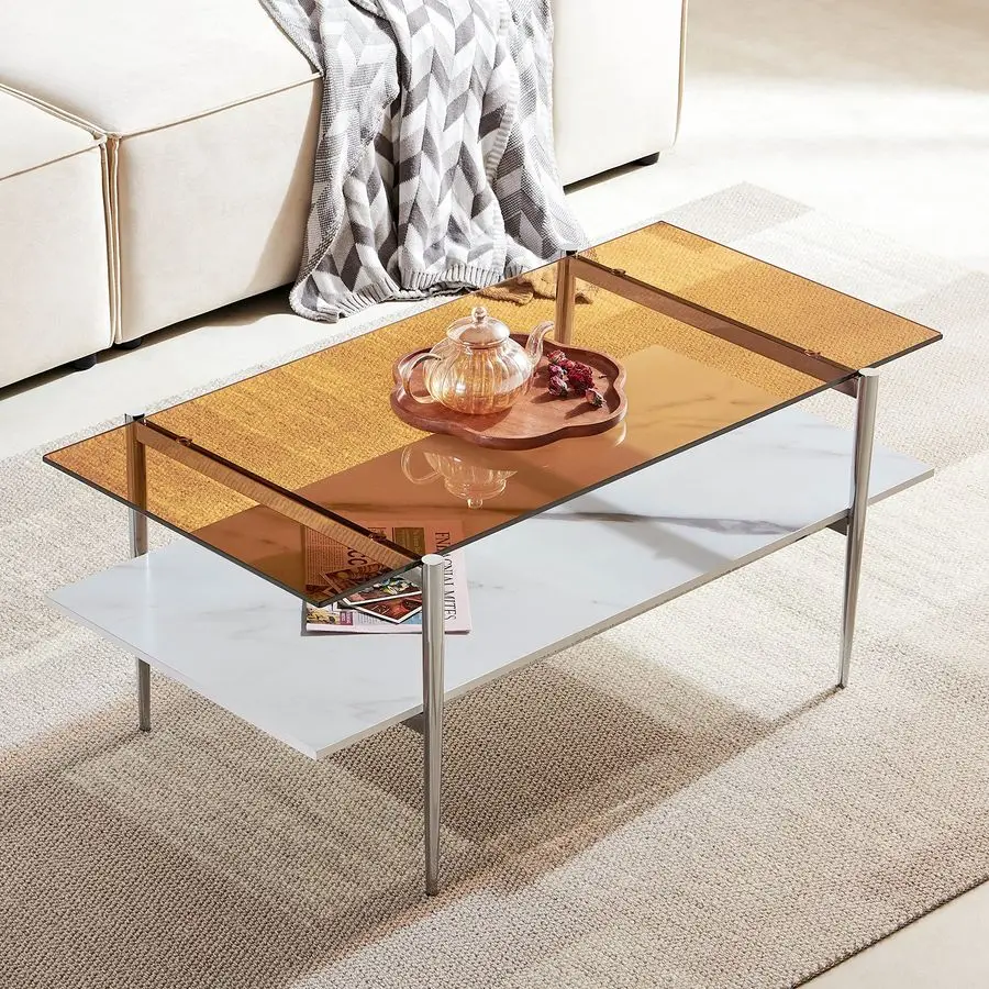 

Tadio Glass Coffee Table, MidCentury Modern Coffee Table for Living Room, Chrome Finish Leg, Coffee Brown Glass Top amp Faux Mar