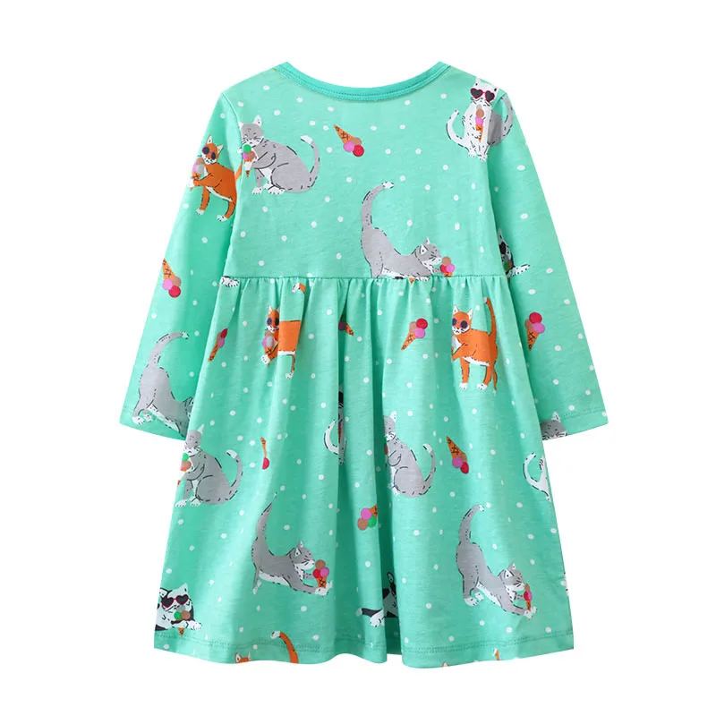 TUONXYE Cotton Girls Long Sleeve Dress Cute Cat Ice Cream Print Pocket A-line Dress Spring Autumn Casual Princess Dresses