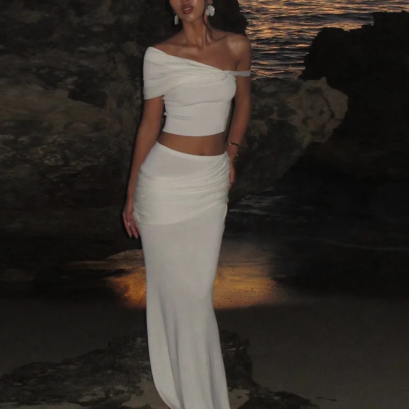 

White Elegant Women Prom Dress 2 Pcs Top Bra+Long Party Gown Off Shoulder Sleeveless Robe Casual Beach Formal Evening Gown