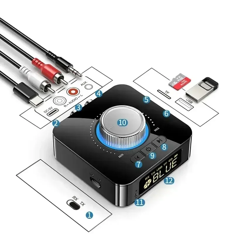 Adaptateur audio sans fil pour kit de voiture, récepteur Bluetooth, émetteur, télécommande, musique stéréo, prise AUX 3.5mm, carte RCA TF, TV, PC