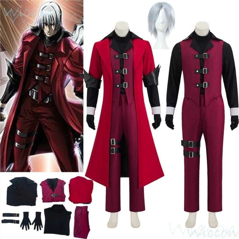 Dante Anime Devil May Cry Cosplay Costume Prop White Wig Costume Red Uniform Men Coat Glove Party RolePlay Suit Debiru Mei Kurai