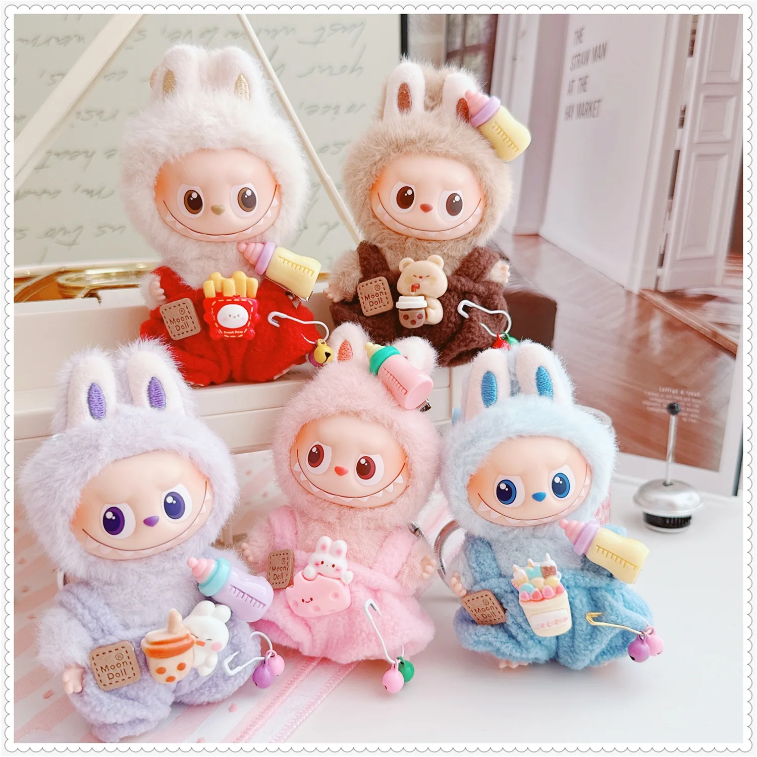 

10cm Mini Labubu 4.0 Outfit Replacements Cute Bell And Milk Bottle Suspender Trousers With Multiple Color Choices