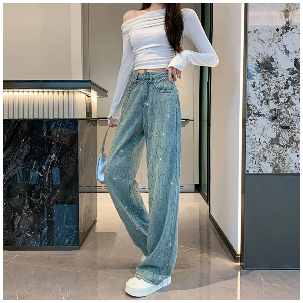 Jeans Berlian Wanita 2025 Celana Kaki Lebar Paku Keling Berkilau Trendi Musim Semi Musim Gugur Celana Denim Longgar Lurus Wanita