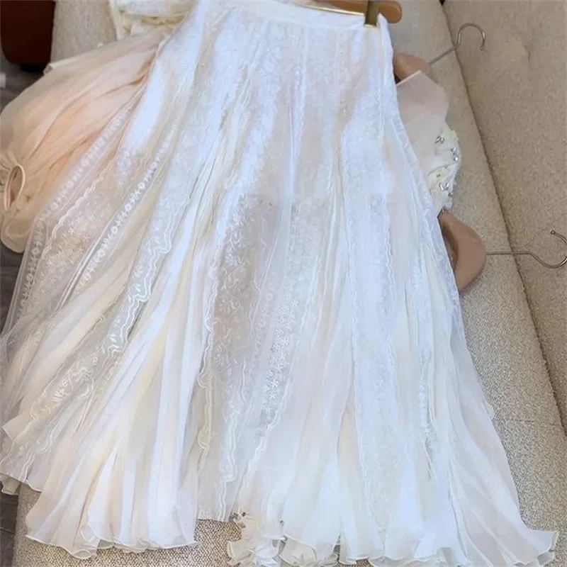 Nouvelle mode fleur broderie dentelle Jupe femmes français élégant Tutu Tulle jupes maille a-ligne longue Jupe printemps vêtements