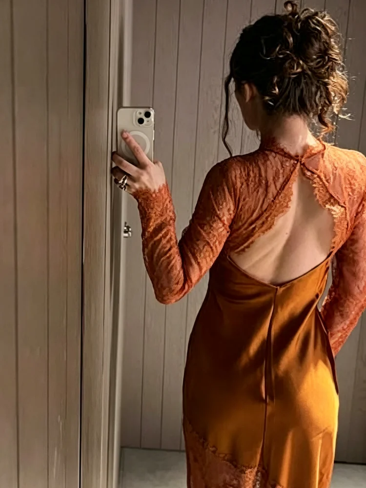Rückenfreies Spitzen-Satin-Maxikleid für Damen, Elegantes Rundhals-Langarmkleid mit Ausschnitten, Abendkleid für Hochzeitsgäste – Detail 6