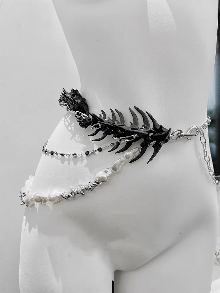 ZHUHE سلسلة الخصر اللؤلؤية للعمود الفقري على الطراز القوطي الجديد هي إكسسوار مجوهرات للرجال والنساء كهدية للحفلات