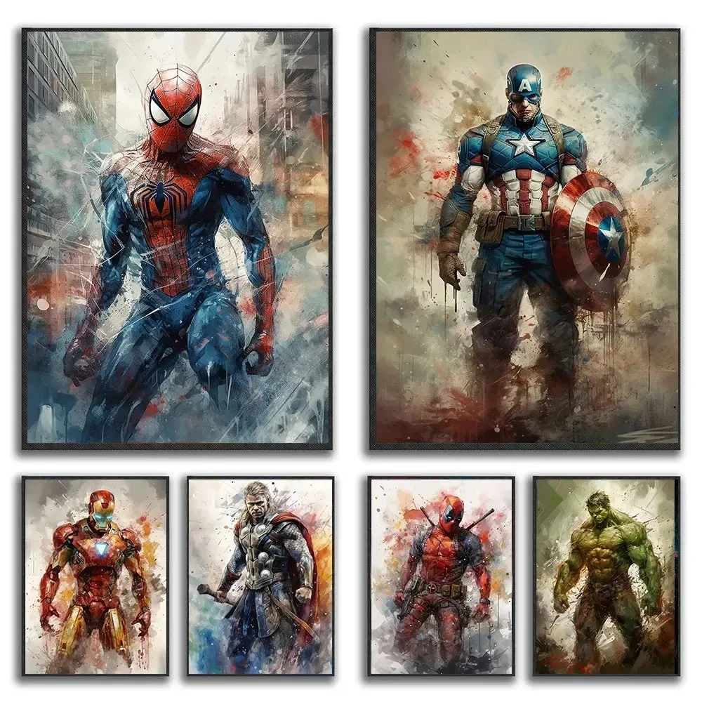 Marvel Hulk Superheroes Canvas Painting Iron Man Spiderman Watercolor Poster Wall Art for Living Room Interior Home Decoration