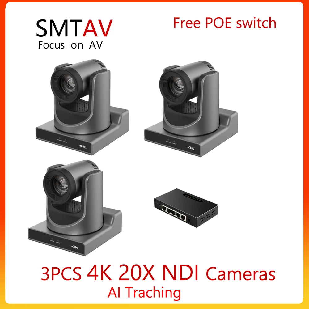 

SMTAV 3PCS AI Tracking NDI SDI 4K PTZ Camera 20X Optical Zoom 4Kp60 UHD Video Conference Camera HDMI 3g-sdi USB LAN Support POE