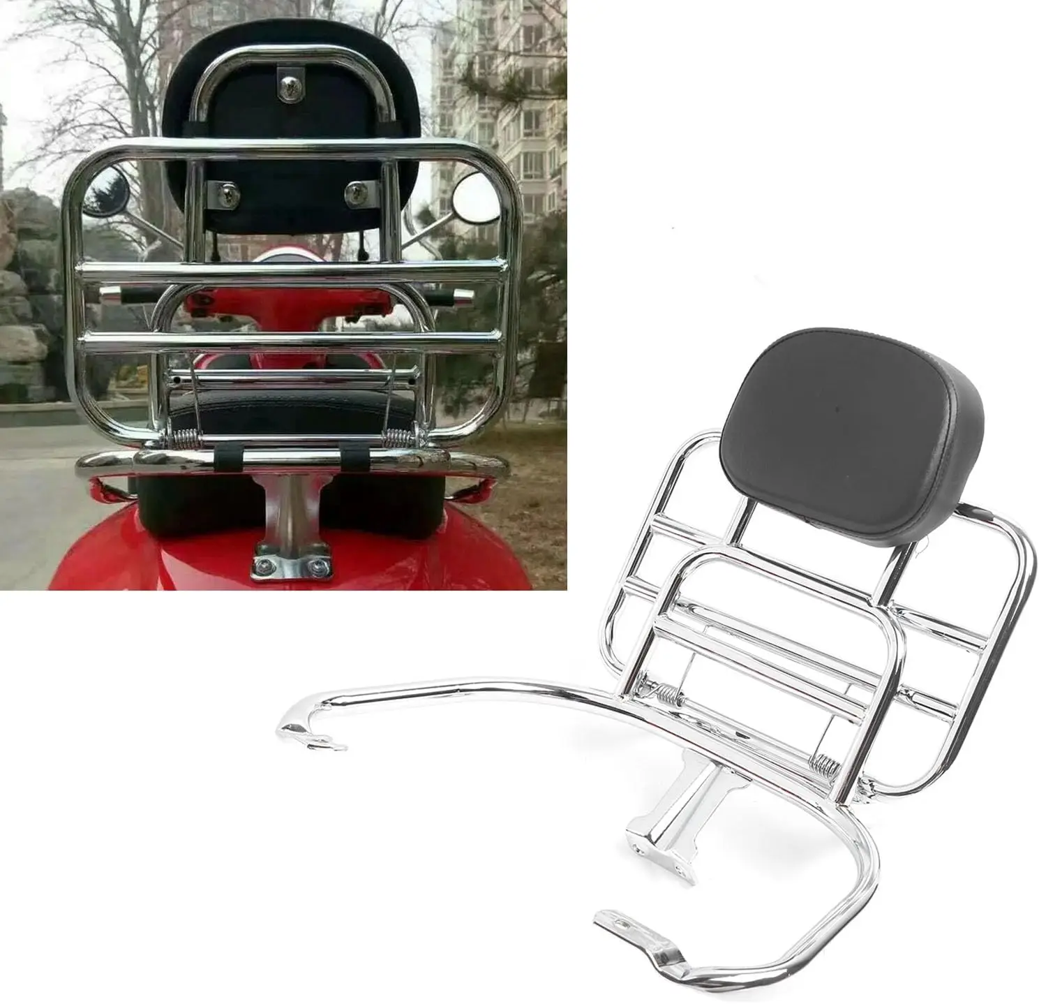 Motorcycle Luggage Rack Rear Carrier w/Backrest Cushion Fit Vespa Sprint 150 Primavera 150 Chrome Steel Easy Install