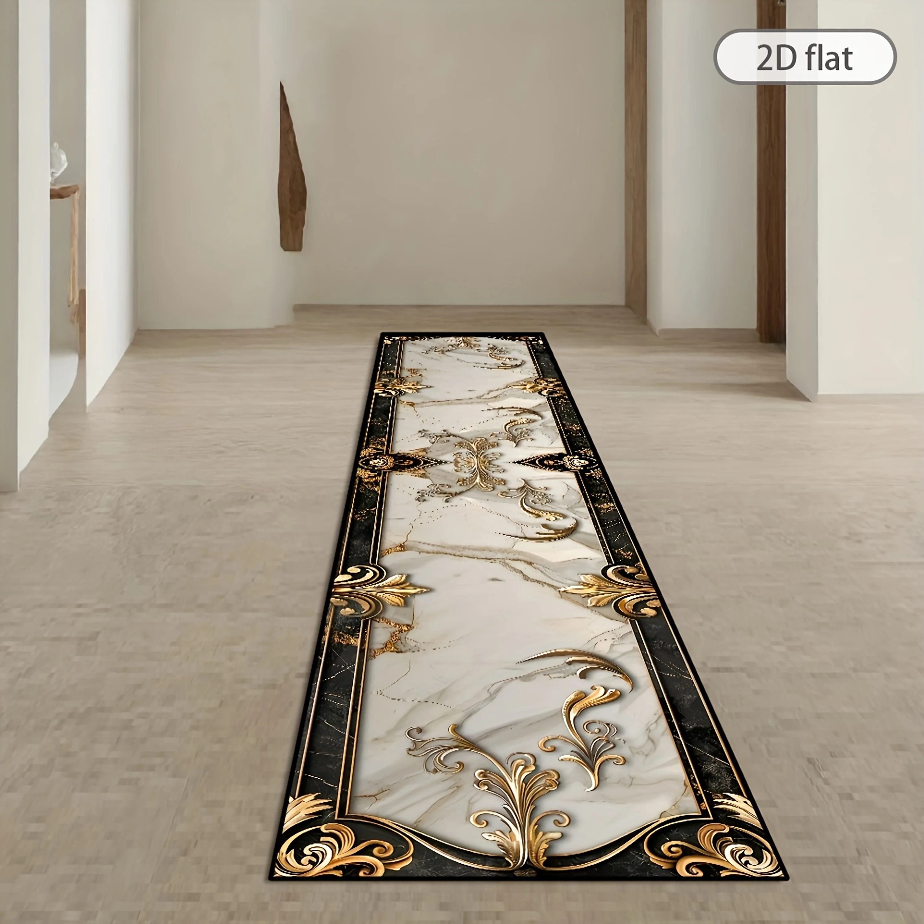 European Classic Marble Texture Long Corridor Rug Golden Baroque Floral Frame Design Anti Slip Washable Luxury Home Decor Runner