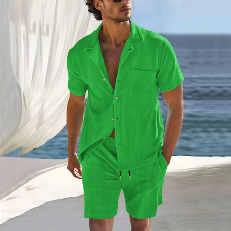 Summer Men\'s Fashion Beach Suit Outdoor Sports Casual Shirt Solid color Loose Short Sleeve Shorts button-down shirt two-piece