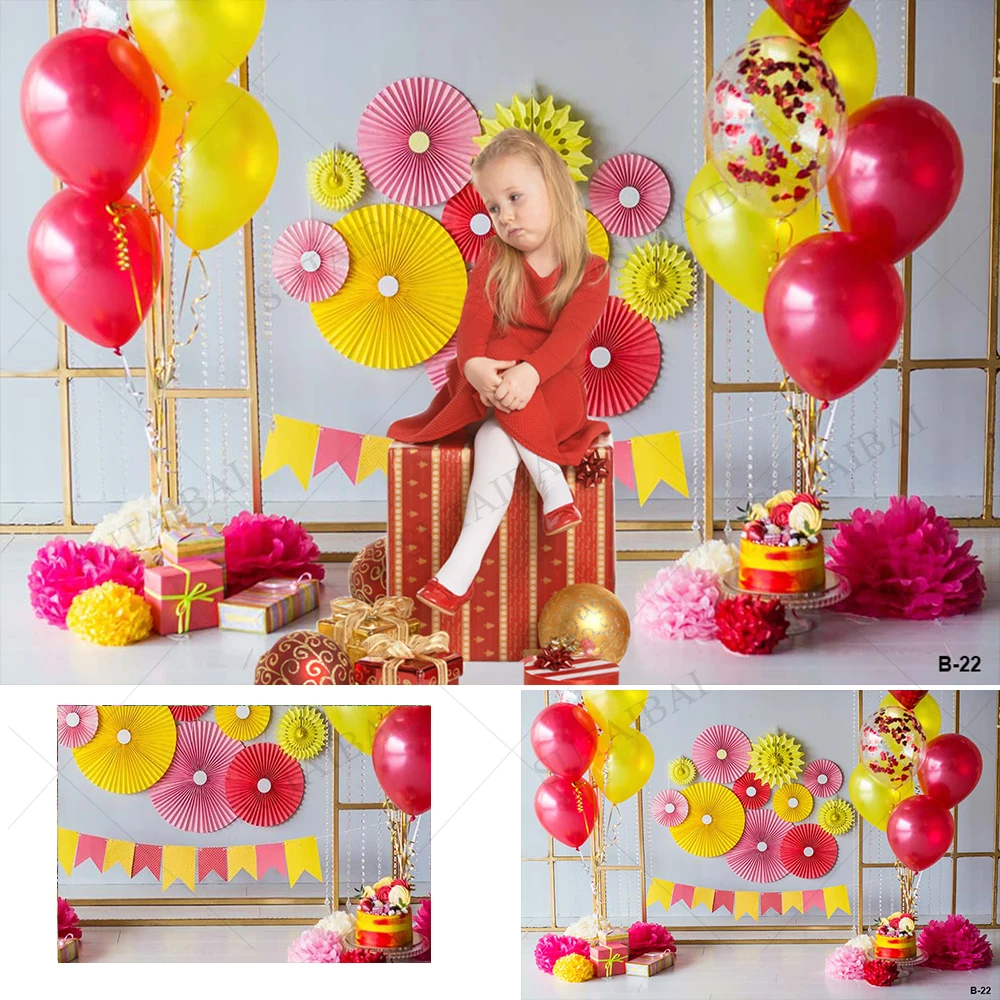 

Birthday Photography Backdrops 1st Baby Shower Red Balloon Banner Background Children Newborn Pink Fiowers Studio Photocall