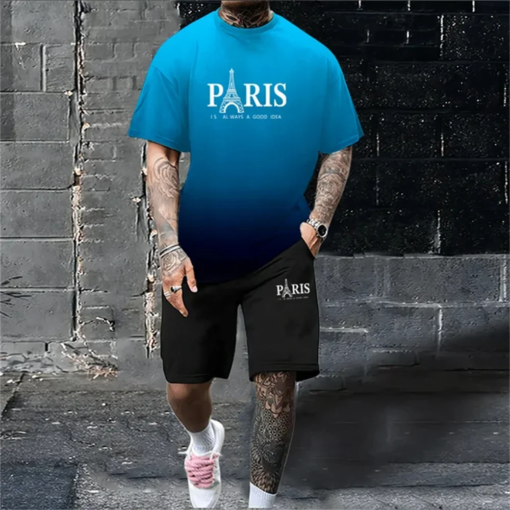 

New Men's Summer Set Loose Size Paris Letter 3D Pattern Printed Casual and Comfortable Round Neck Short Sleeve y2k T-shirt Tops