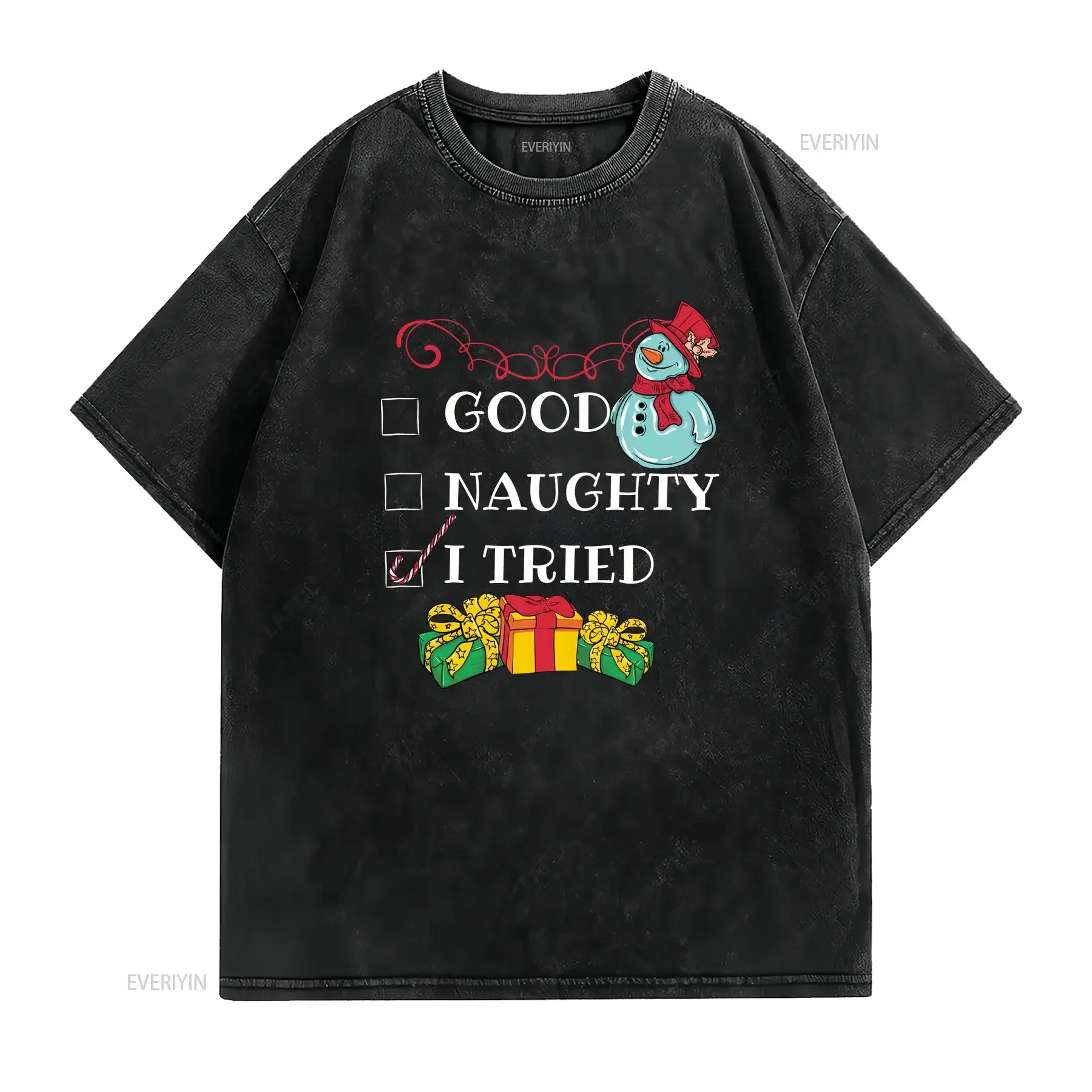 Funny Christmas T Shirt I Tried Mens Secret Santa Stocking Filler Xmas  vintage Washed homme Stylish Soft Casual Comfortable