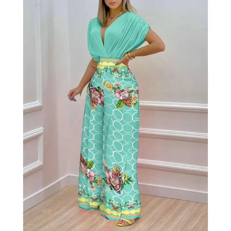 Spring Summer Flower Print Slim Suit Women Sexy Short Sleeve V-neck Pleated Short Top High Waist Wide Leg Pants Trousers Suit