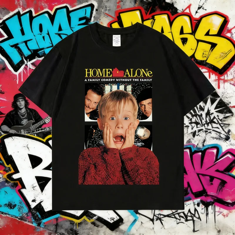 

2025 Summer Movie Home Alone Graphic T-shirt Kevin Printed High Street Harajuku Tees Vintage 100% Pure Cotton Printed T-shirt