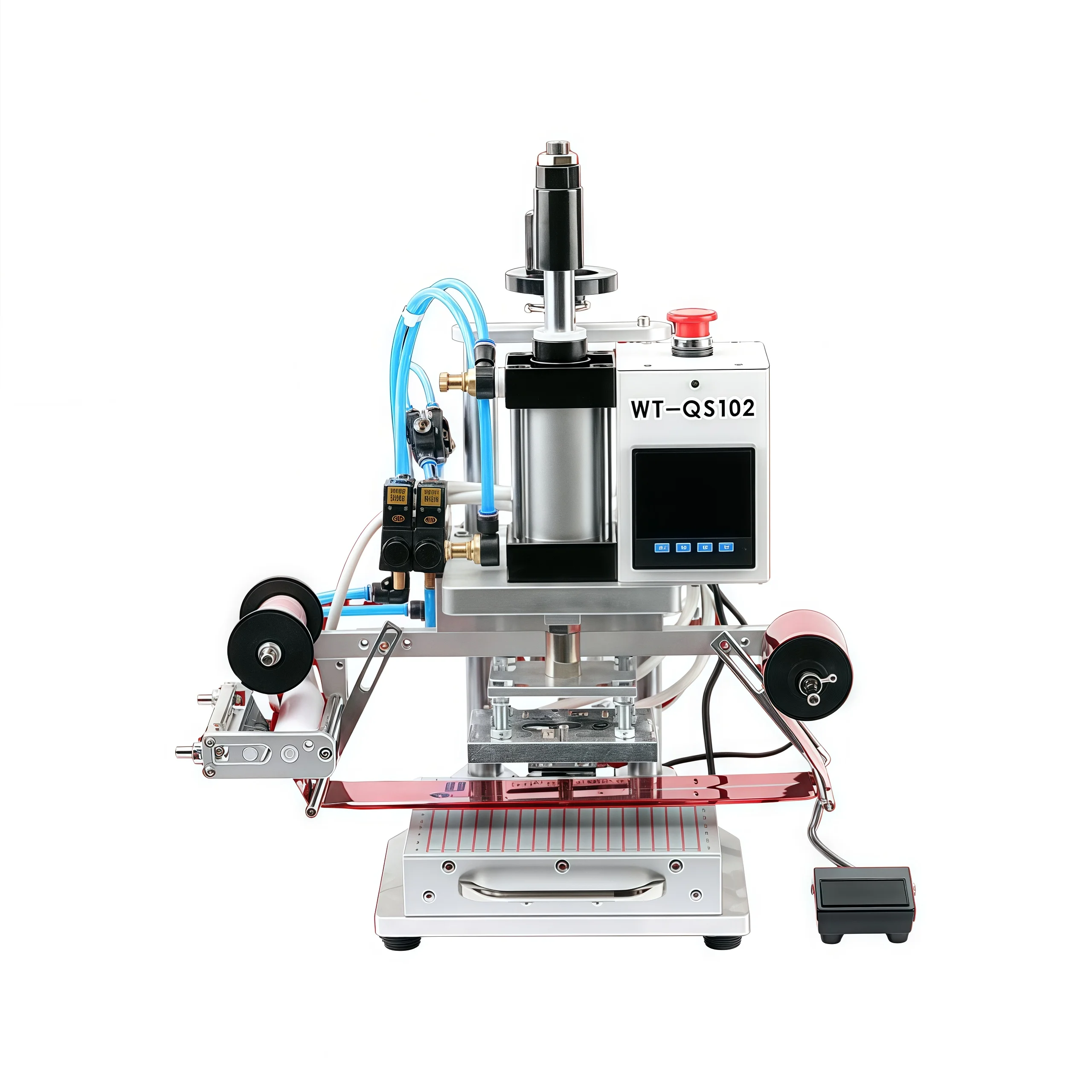 Máquina pneumática profissional de estampagem a quente para couro pu, cartões de papel, logotipo, marca registrada, plástico, madeira, sistema de rebobinamento de alimentação automática 2025