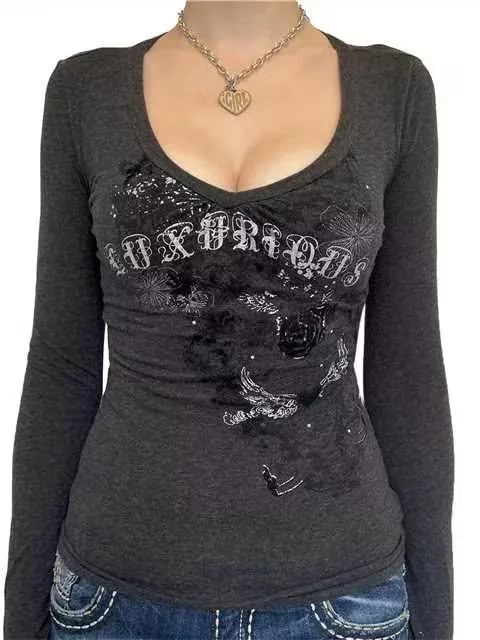 Camiseta Punk con estampado gótico para mujer, Top Y2K ajustado para ir al trabajo, camiseta estampada, ropa interior informal, colección primavera 2026