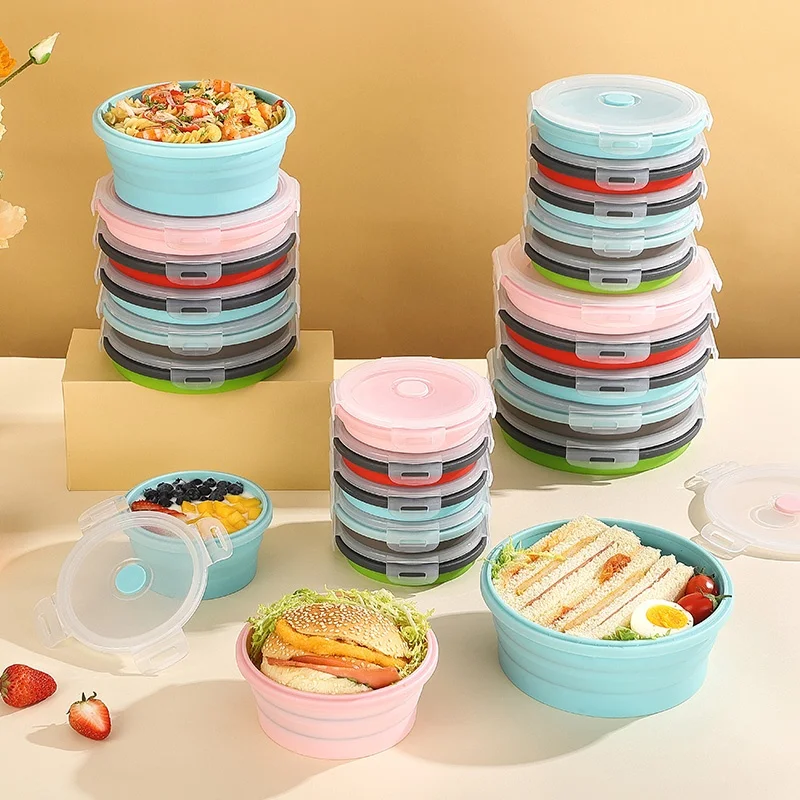 Collapsible Food Storage Container with Lid Portable Silicone Food Container Microwave Freezer Safe Lunch Box