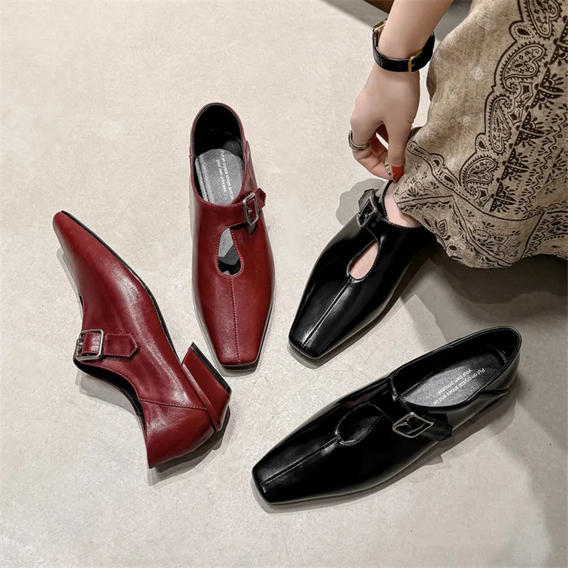 New Spring Autumn Genuine Leather Loafers Woman Shoes Chunky Heel Square Toe Shoes for Women Ladies Shoes Low Heel Women Pumps