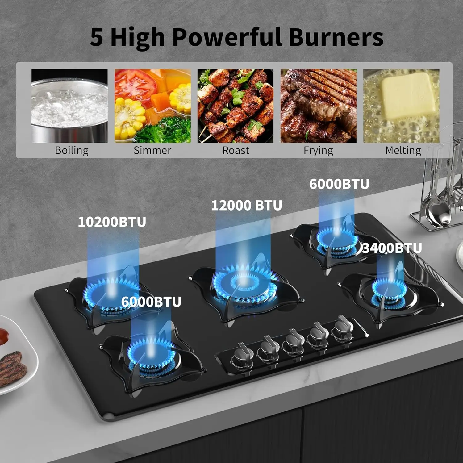 36 Inch 5 Burner Built-in Portable Gas Cooktop Stainless Steel Surface Table RV Use 110V Auto Ignition Thermocouple Protection