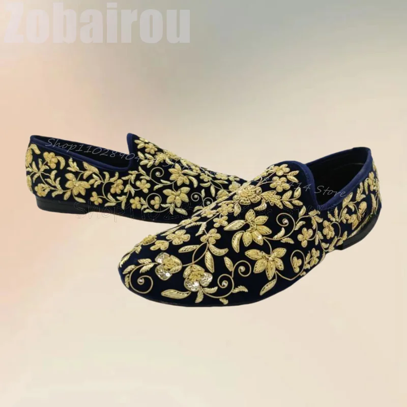 Gold Floral Embroidery Totem Design Penny Loafers Fashion Slip On Men Shoes Luxury Handmade Party Feast Dating Men Casual Shoes