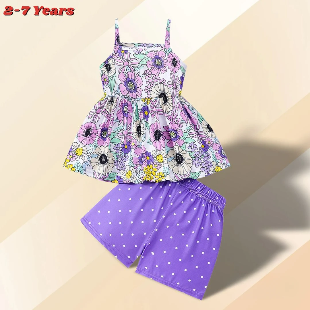 

New Summer Clothing Set for Girls Kids 2 Pcs Sleeveless Sling Tops + Short Pants Purple Flower Soft Ventilate Children Outfits