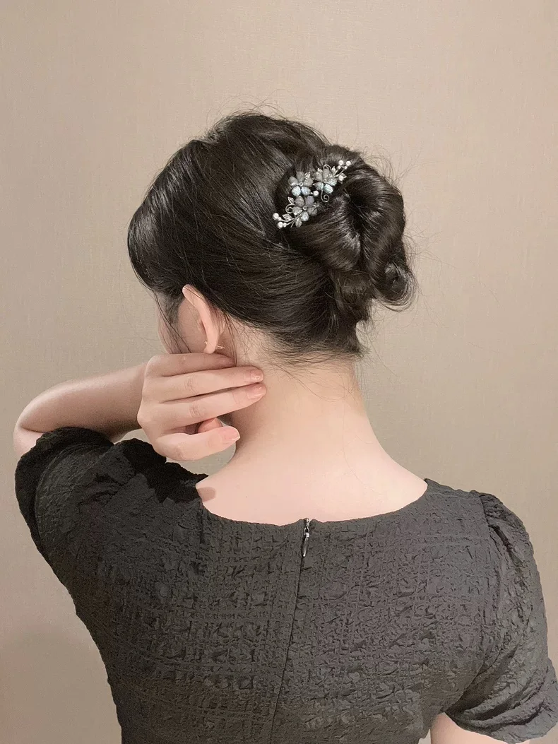 Chinese Ancient Style Exquisite Pearl Rhinestone Flower U-shaped Hair Comb Women Elegant Temperament Daily Metal Hairpin