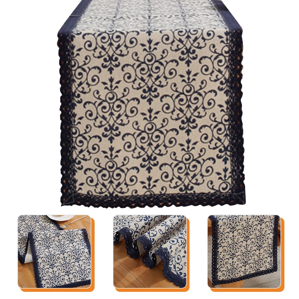 

Blue White Porcelain Table Flag Cotton Runner Decorative Cloths Vintage Festive Party Table Runners Lace Dining Wedding