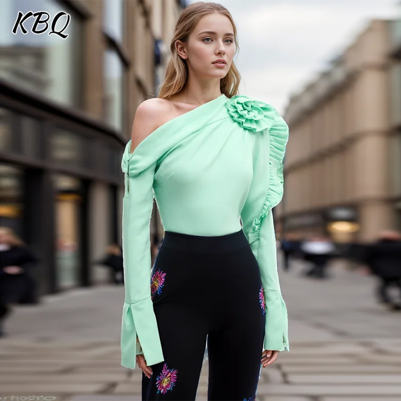 

KBQ Solid Temperament Sexy Shirts For Women Diagonal Collar Long Sleeve Patchwork Appliques Pullover Blouse Female Fashion New