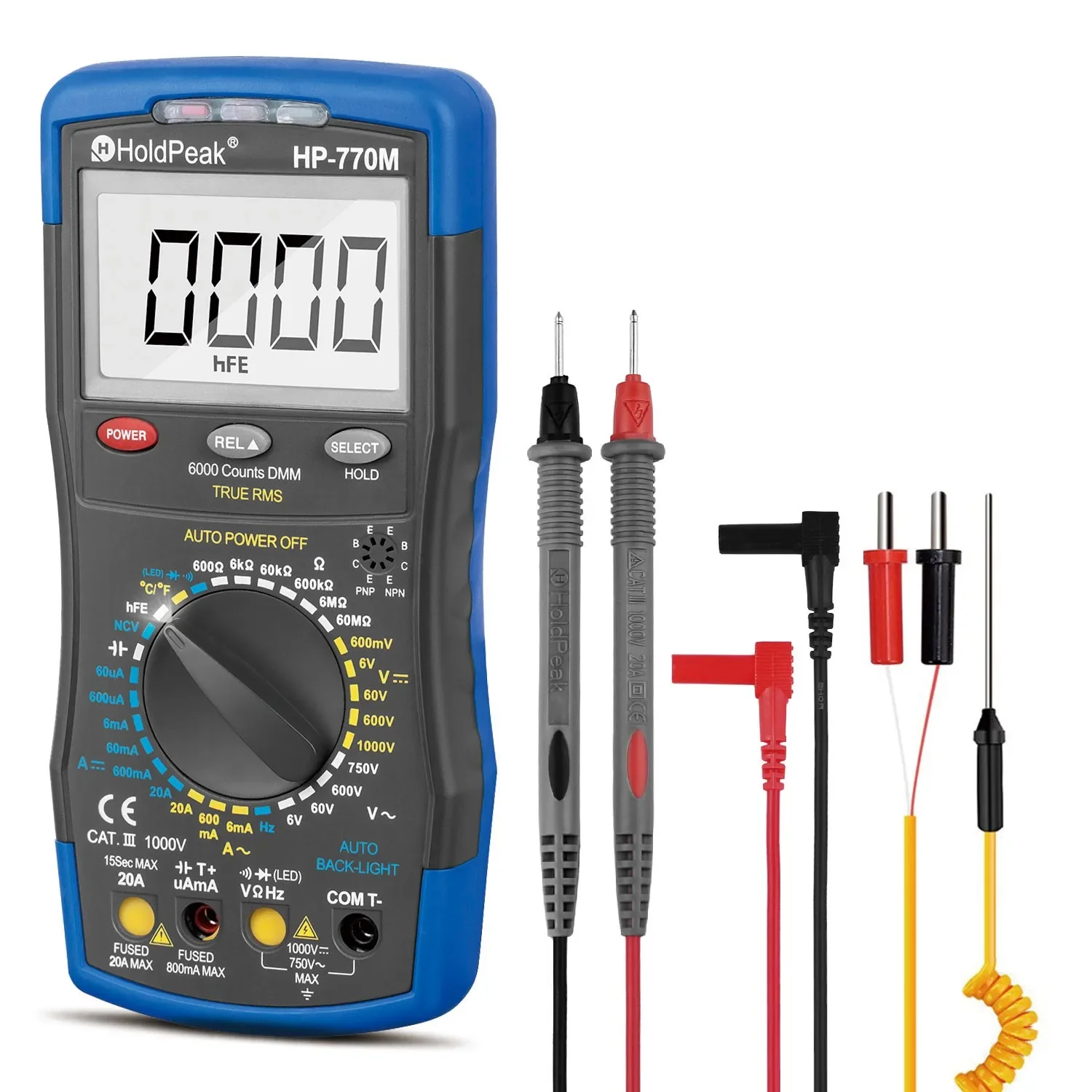 HoldPeak Digital Multimeter HP-770M Auto Range RMS Detector AC/DC Ammeter Voltmeter Ohm NCV HFE Transistor Tester multimetro