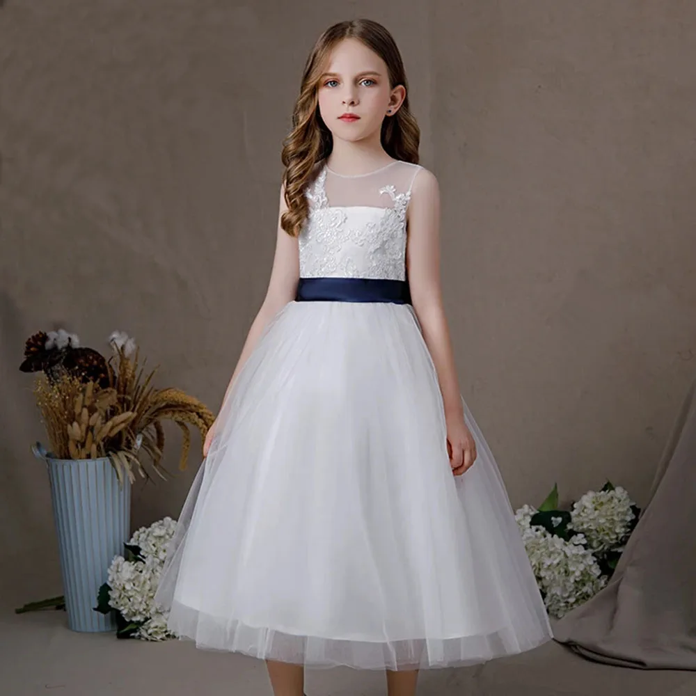 KYDYNQJ Tulle Sleeveless Big Bow Dress For Girls First Communion A Line Kids Birthday Party Junior Bridesmaid Gown White