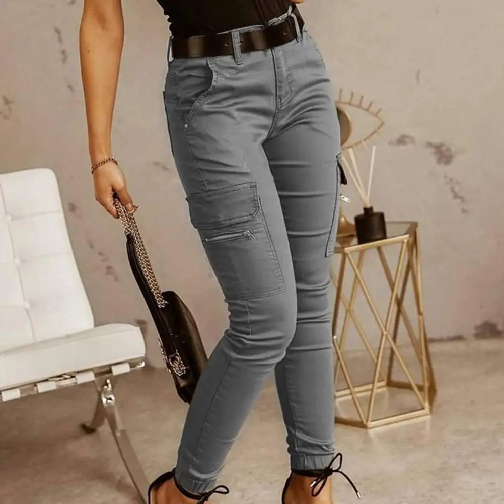 Casual Cargo Pants Lady Office Lady Sweatpant Zipper Solid Color Ankle Tied Pants  Slim