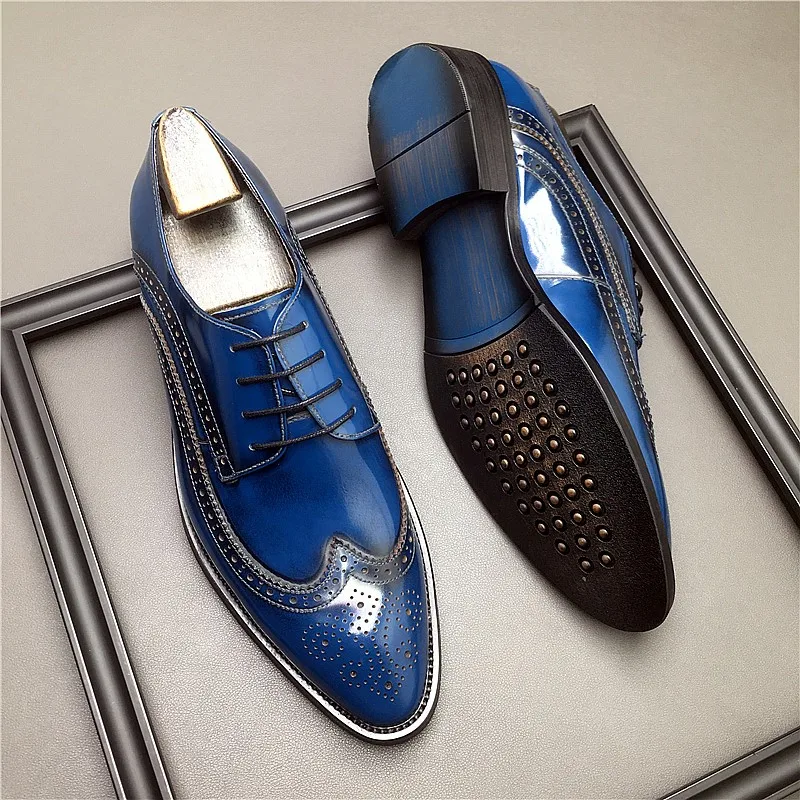 

HKDQ Genuine Leather Men Brogue British Oxford Dress Shoes Fashion Wedding Pointed Tip Lace Up Business Shoes Formal Blue Shoe