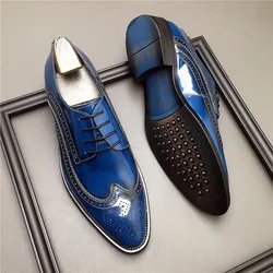 HKDQ Genuine Leather Men Brogue British Oxford Dress Shoes Fashion Wedding Pointed Tip Lace Up Business Shoes Formal Blue Shoe