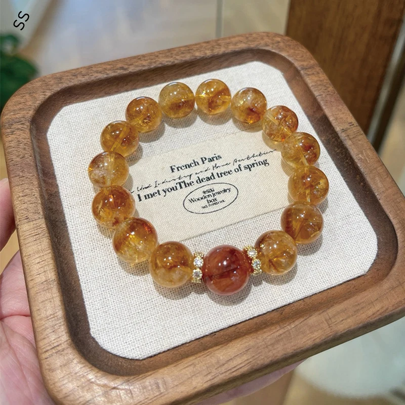 Natural Yellow Beaded Bracelet Female Large Granule Year of Life Fortune and Lucky Hand Strand Crystal Jewelry Accessories Women