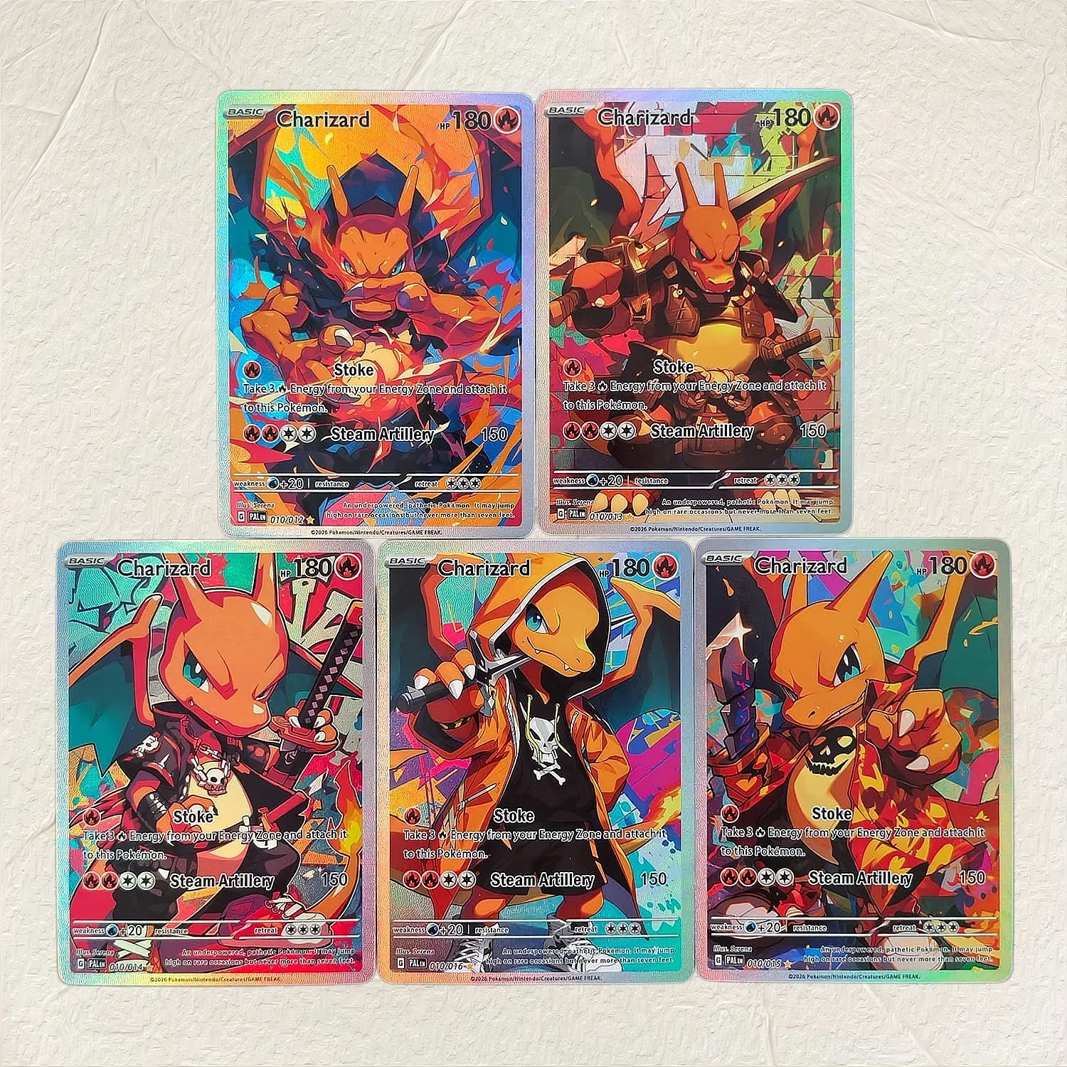 5 Stück Charizard DIY Holografische Folien-Textur-Karten, Perfekter Zustand Premium Anime-Sammelkarten