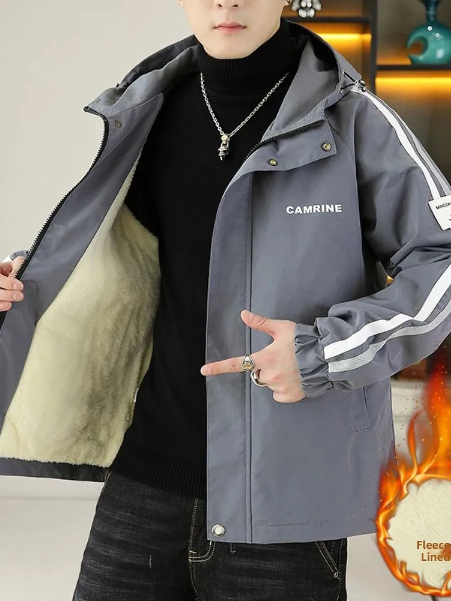 

Men's Winter Thiened Fce Lined Hooded Jaet Casual Versatile Korean Faion Windbreaker Stand Fit Long Sve Coat
