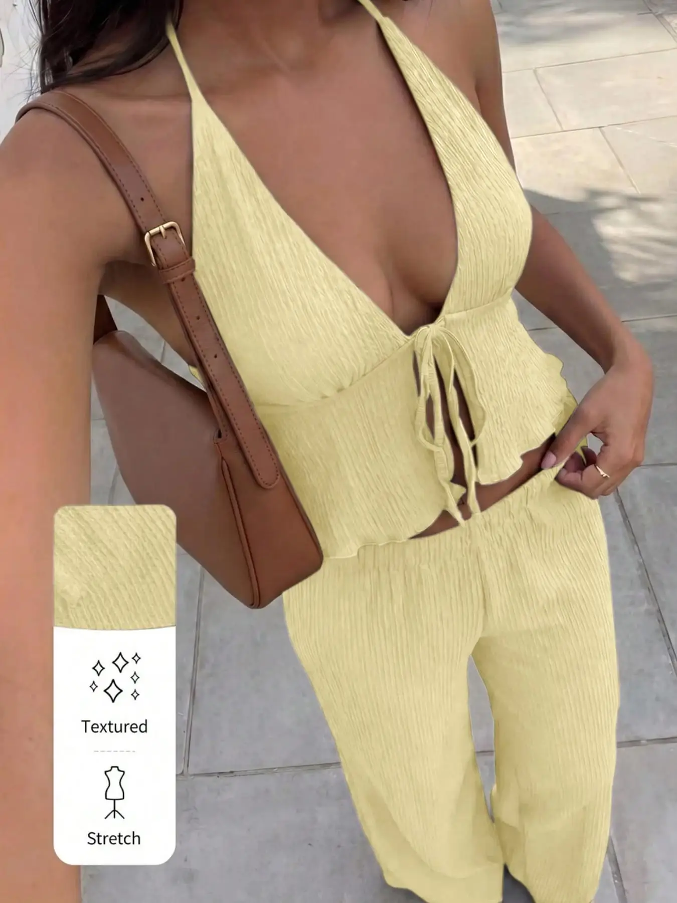 Women's Textured Neckline Top And Wide Leg Pants Set Deep V-Neck Design Front Tie Detail Elastic Waist Design 2-Piece Outfit image 6