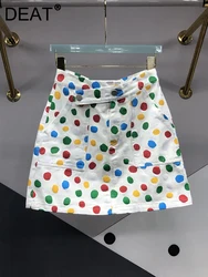 DEAT Women's Denim Skirt High Waist Colorful Polka Dot Big Pockets Irregular Wrap Hip Miniskirts 2024 Autumn New Fashion 29L1617